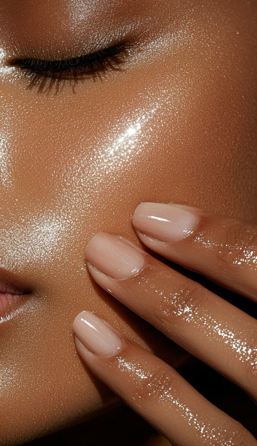 Close-up of a shiny, moisturized face with closed eye and fingers touching cheek.