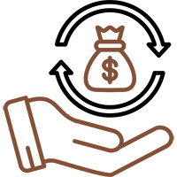 Icon of a hand with a money bag and circular arrows above it.