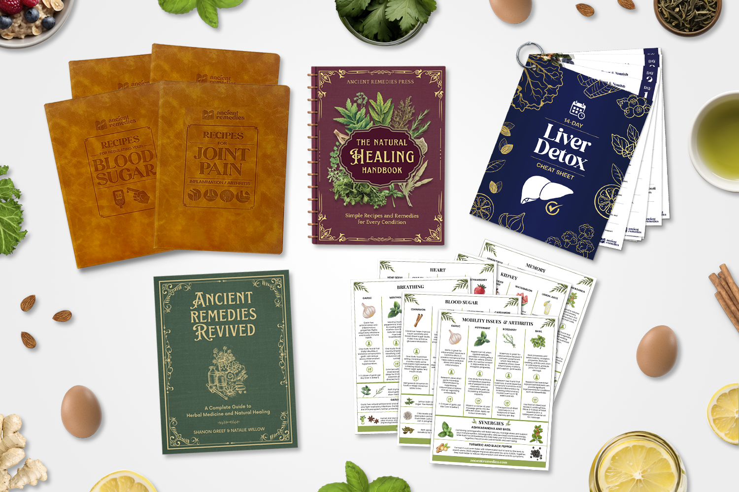 Collection of health and wellness books and guides with herbs and food items.