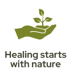 Illustration of a hand holding a plant with text 'Healing starts with nature.'