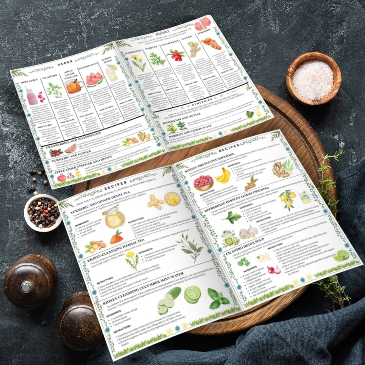 Open recipe book with illustrations of herbs and ingredients on a wooden board.