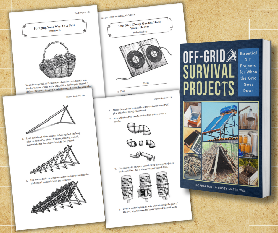 Book titled 'Off-Grid Survival Projects' with illustrated pages showing DIY projects.