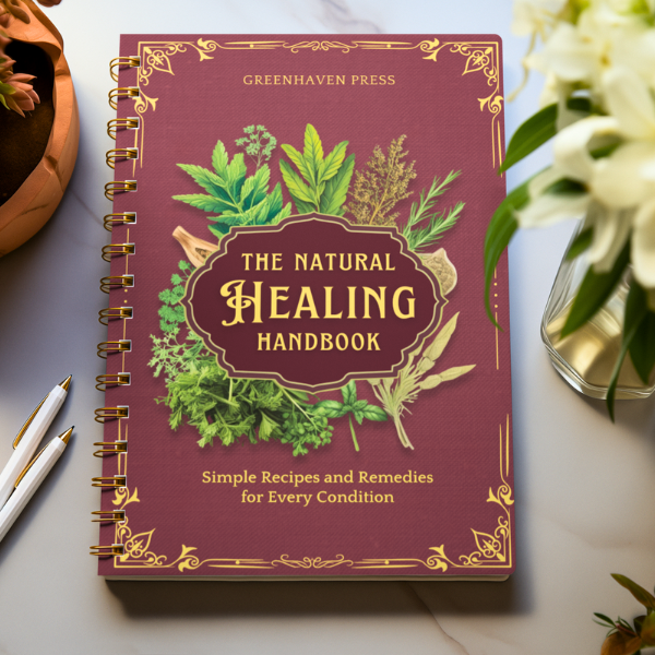 Spiral-bound book titled 'The Natural Healing Handbook' with herbs on the cover.
