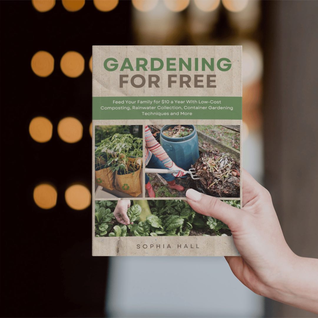 Person holding a book titled 'Gardening for Free' with gardening images on the cover.