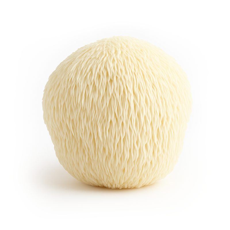 A single, round, shaggy-looking lion's mane mushroom isolated on a white background.