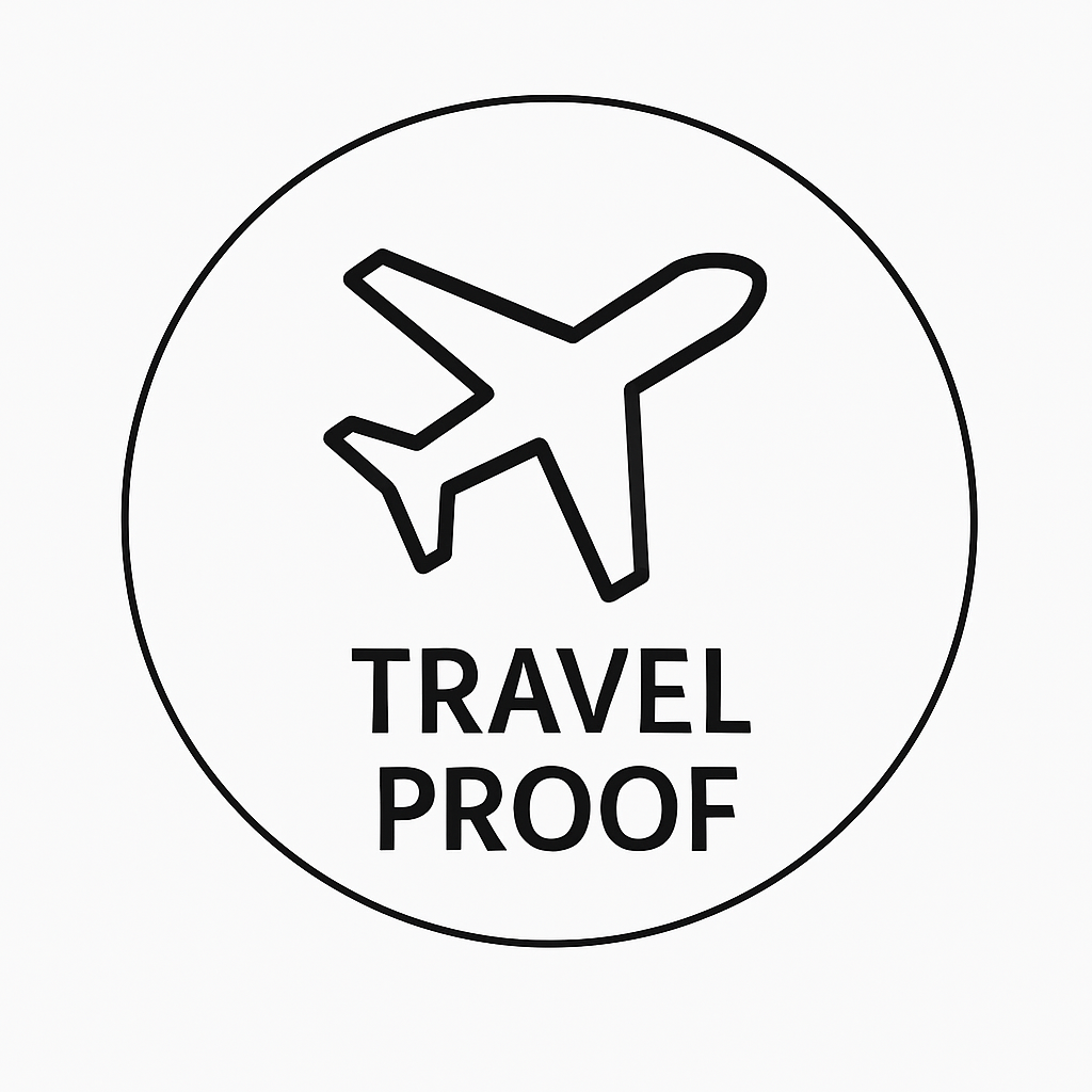 Outline of an airplane with the text 'Travel Proof' below.