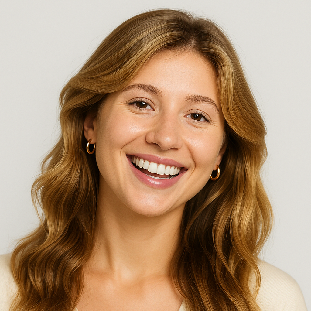 Smiling person with wavy hair and hoop earrings against a plain background.