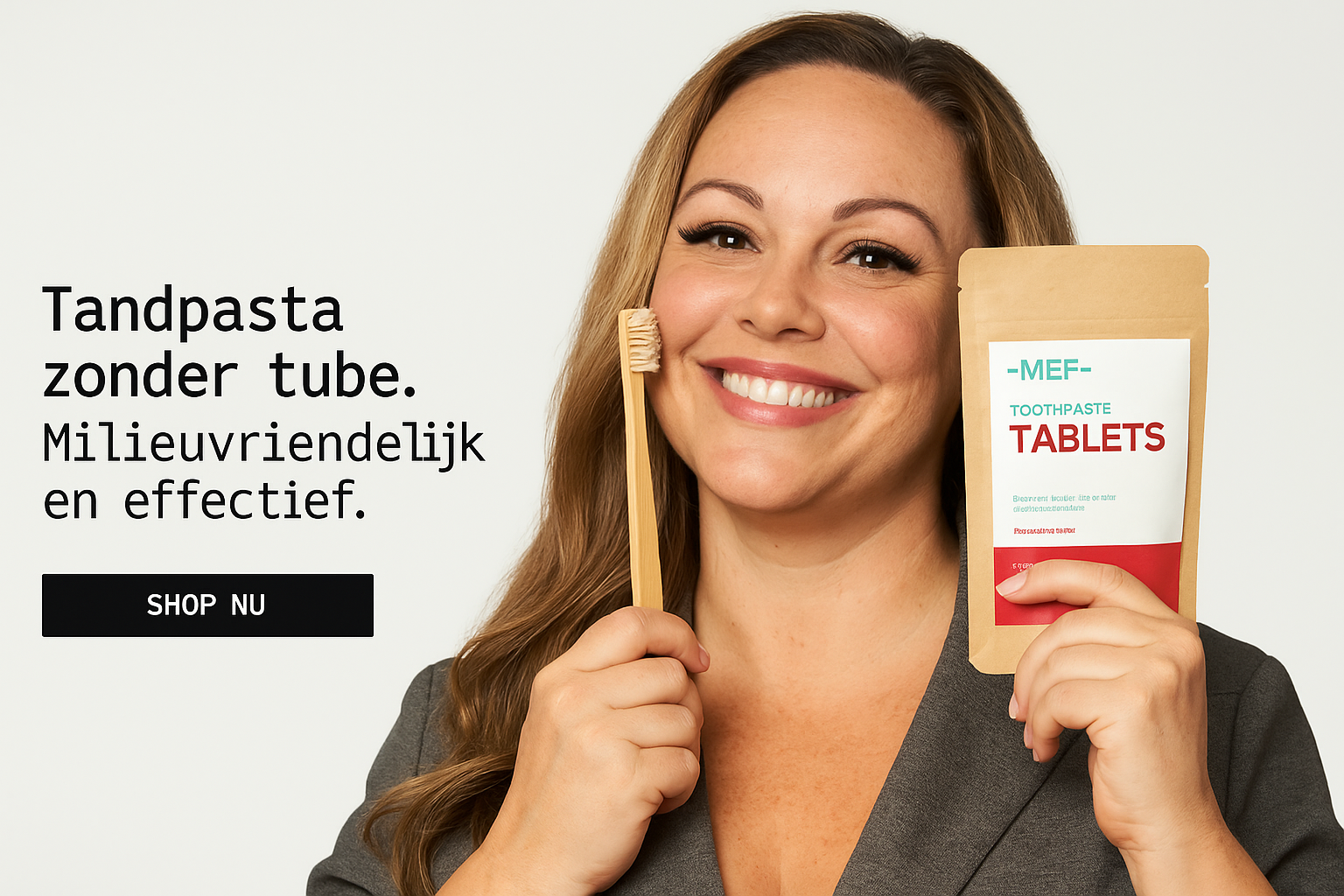 Smiling woman holding a toothbrush and toothpaste tablets package.