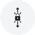Black padlock icon with arrows pointing up and down on a white circle background.