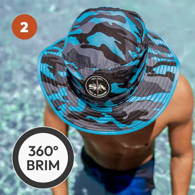Person wearing a blue camo hat with '360° brim' text overlay.