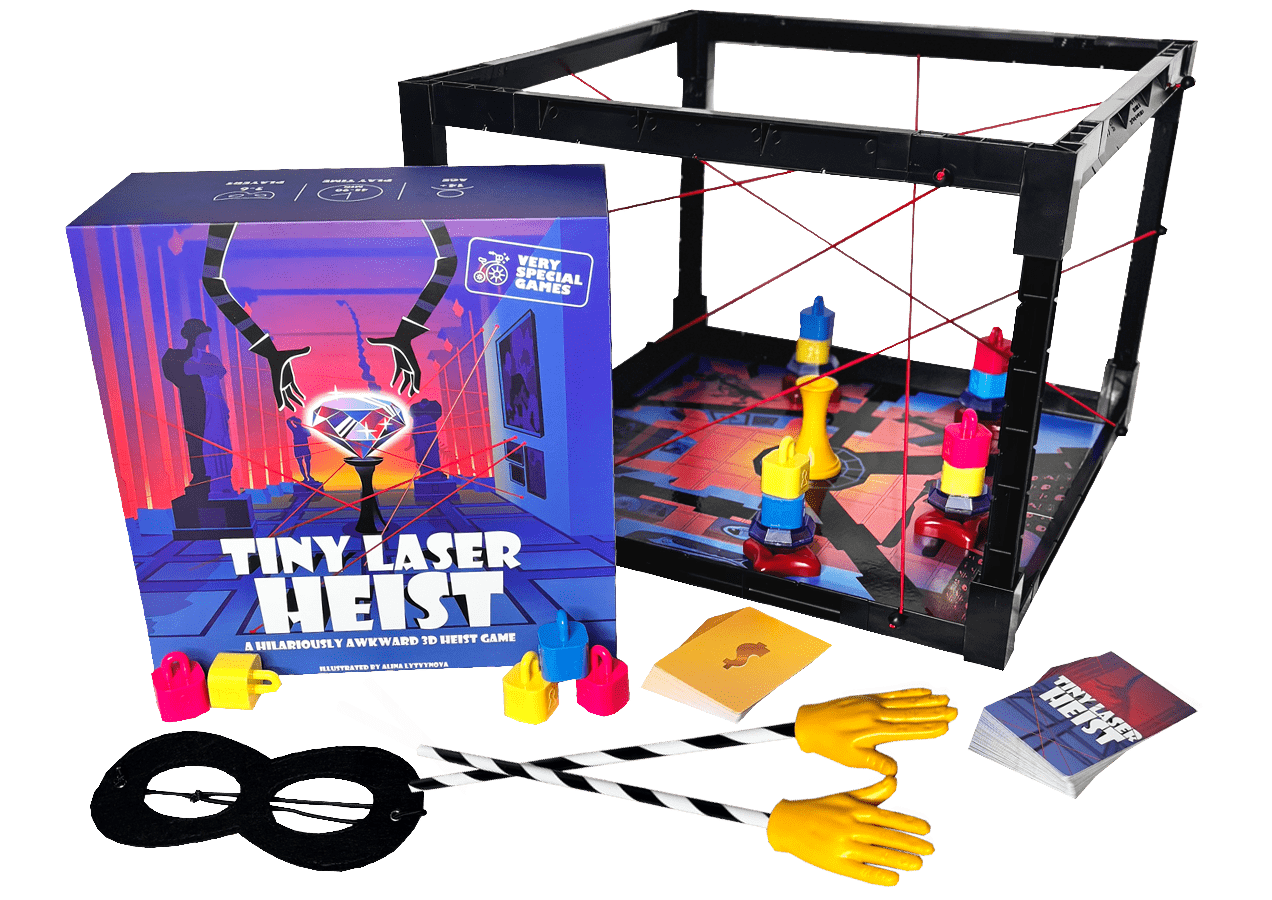 Board game 'Tiny Laser Heist' with box, props, and game components displayed.
