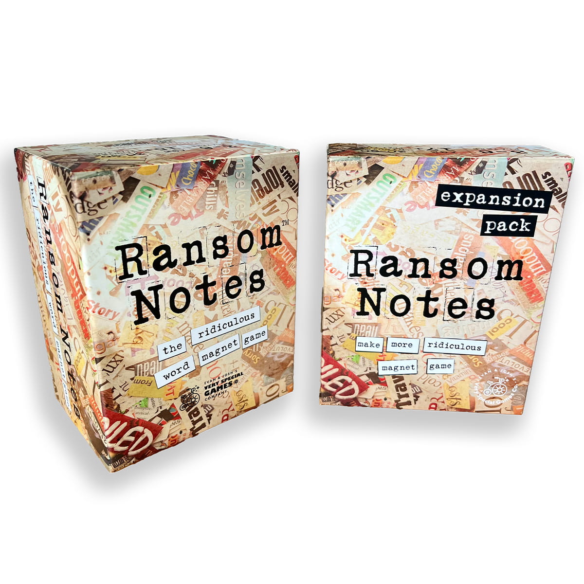 The main game box for Ransom Notes sits next to the expansion pack box on a white background.