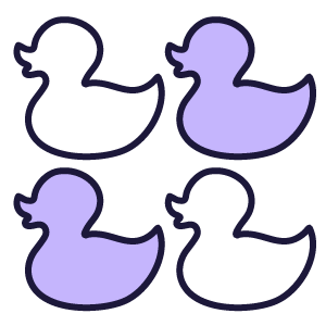 Four stylized duck silhouettes, two white and two purple, arranged in a grid.