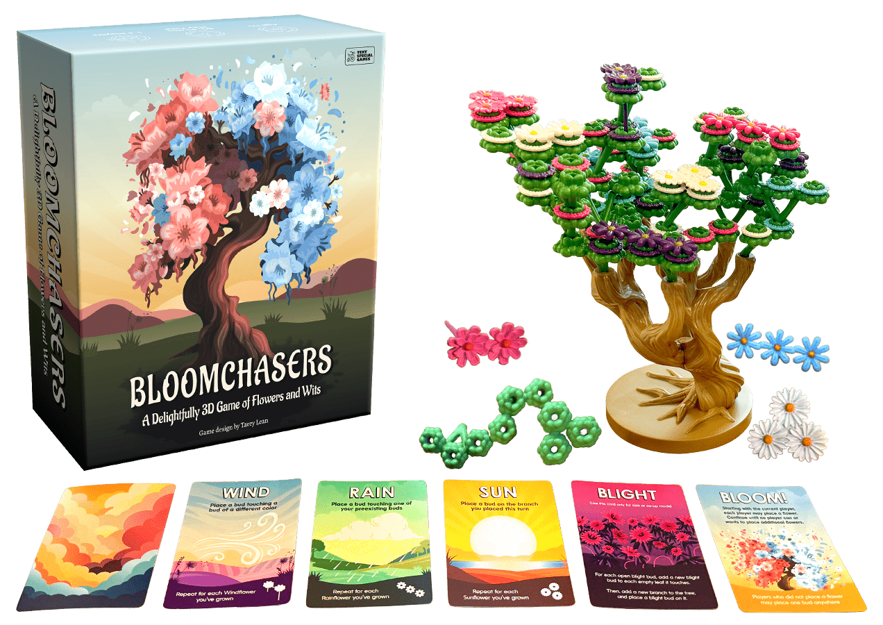 Board game titled 'Bloomchasers' with colorful cards and a tree piece.