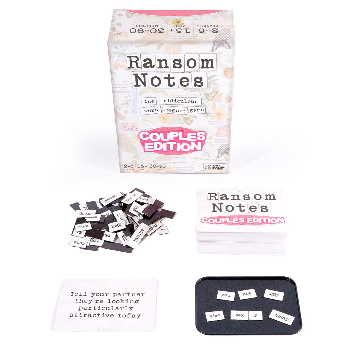 The game Ransom Notes Couples Edition, with its box, word magnets, and cards displayed on a white surface.