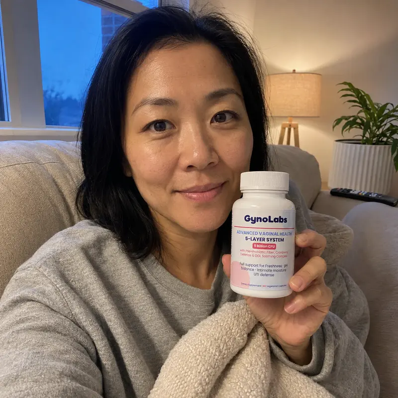 A woman sits on a couch holding up a white bottle of GynoLabs supplements.