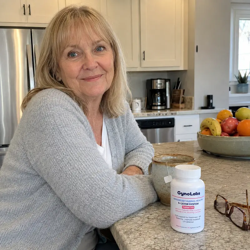 A woman with blonde hair sits at a kitchen counter with a bottle of GynoLabs supplements.