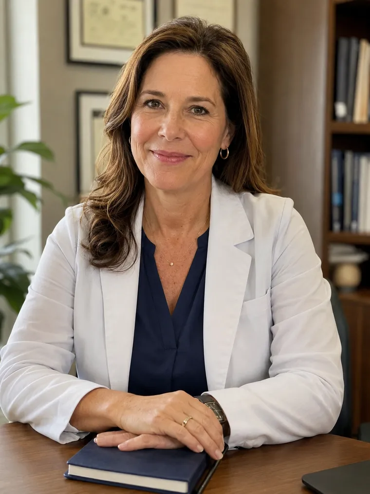 A woman in a white lab coat sits at a desk in an office, smiling warmly at the camera.