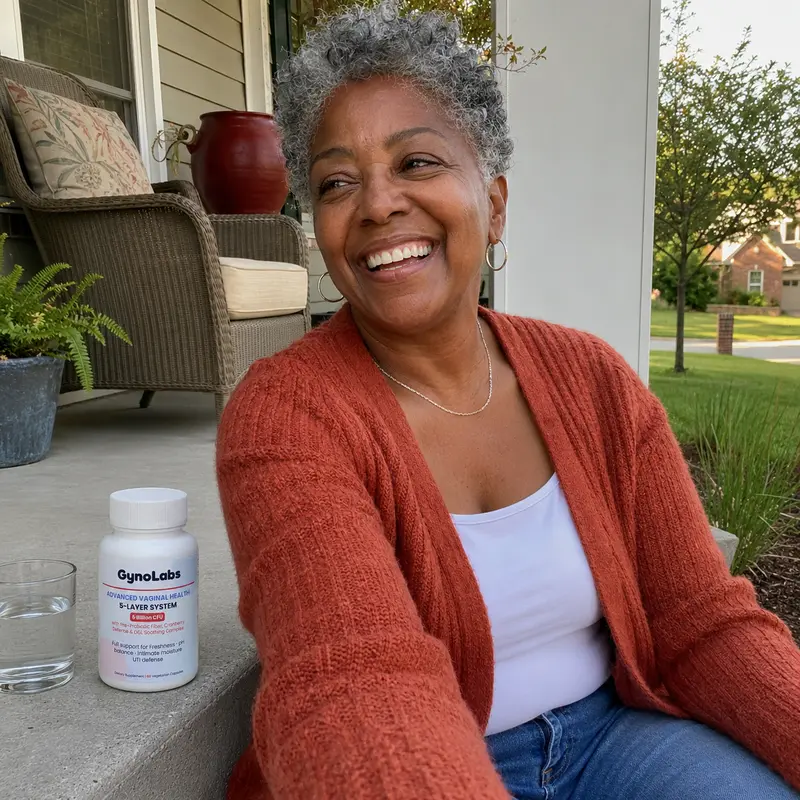 A smiling woman with short gray hair sits on a porch with a bottle of GynoLabs supplements.