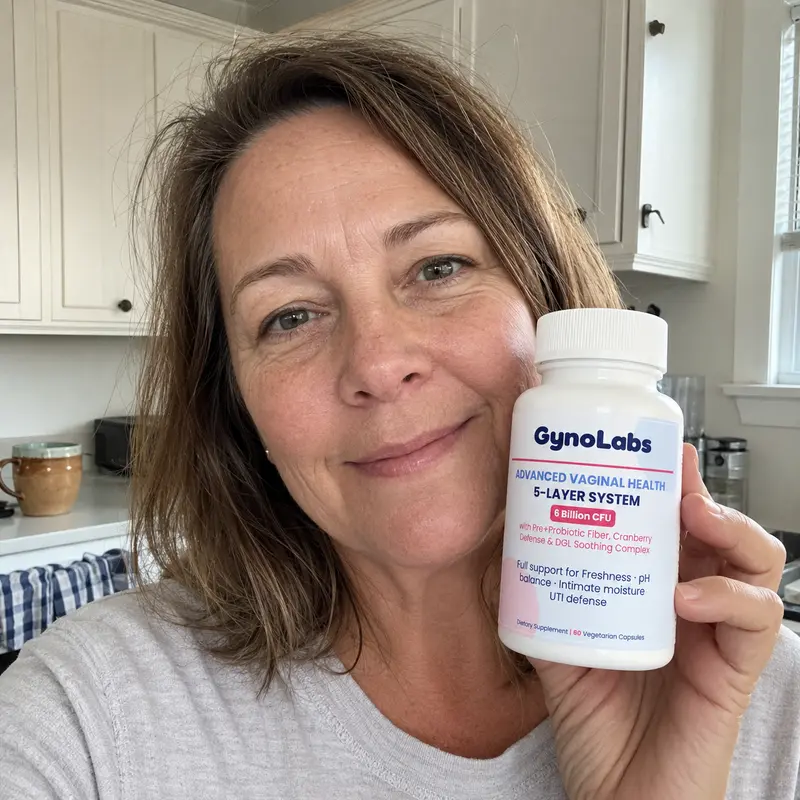 A smiling woman holds up a white bottle of GynoLabs supplements in a kitchen.