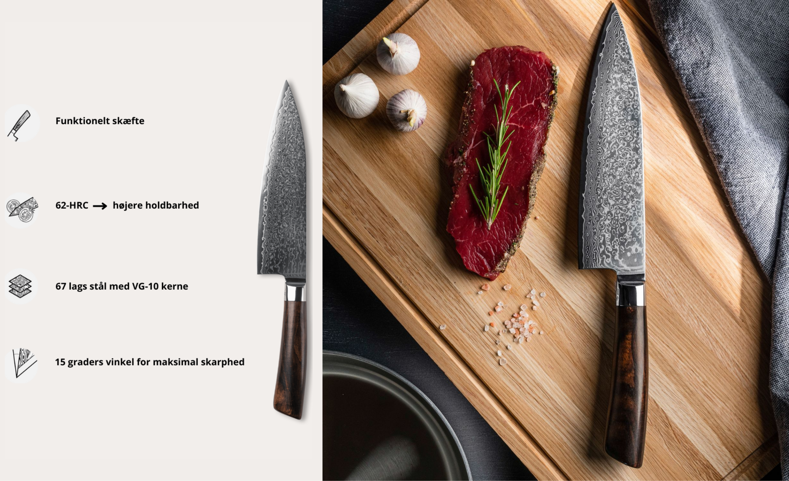 Chef's knife with intricate pattern, raw steak, garlic on cutting board.
