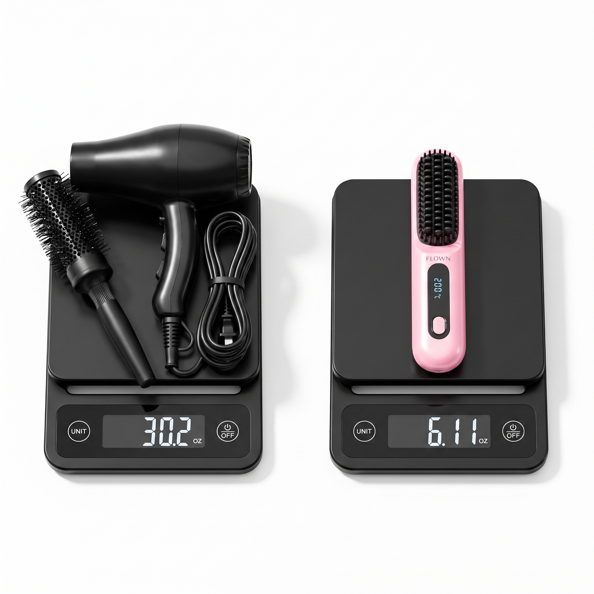 A hairdryer and brush on a scale compared to the weight of a heated straightening brush on another.