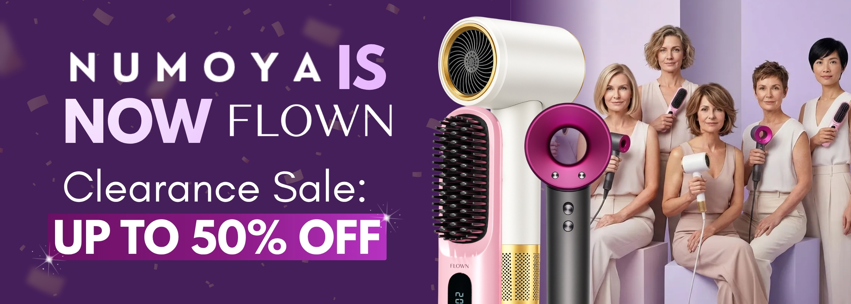 Promotional banner for a clearance sale on hair styling tools, showing various models and women holding them.