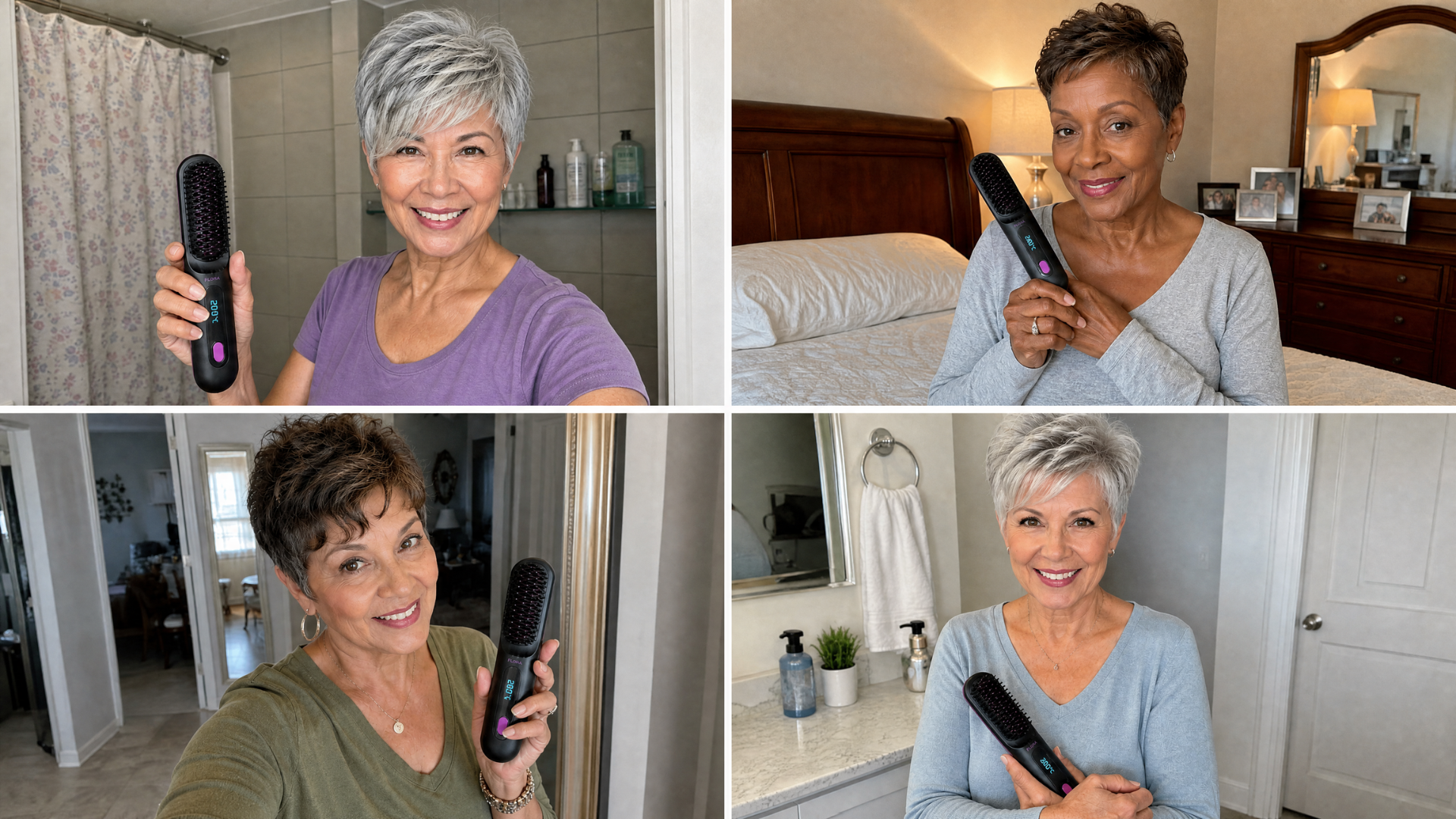 A collage of four photos of different women smiling while holding a black heated hairbrush.