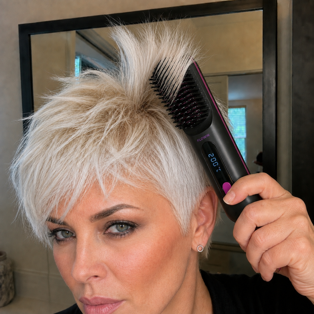 A woman with short platinum blonde hair uses a heated styling brush to add volume.