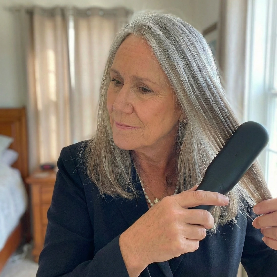 An older woman with long, straight gray hair is brushing it with a black hairbrush.