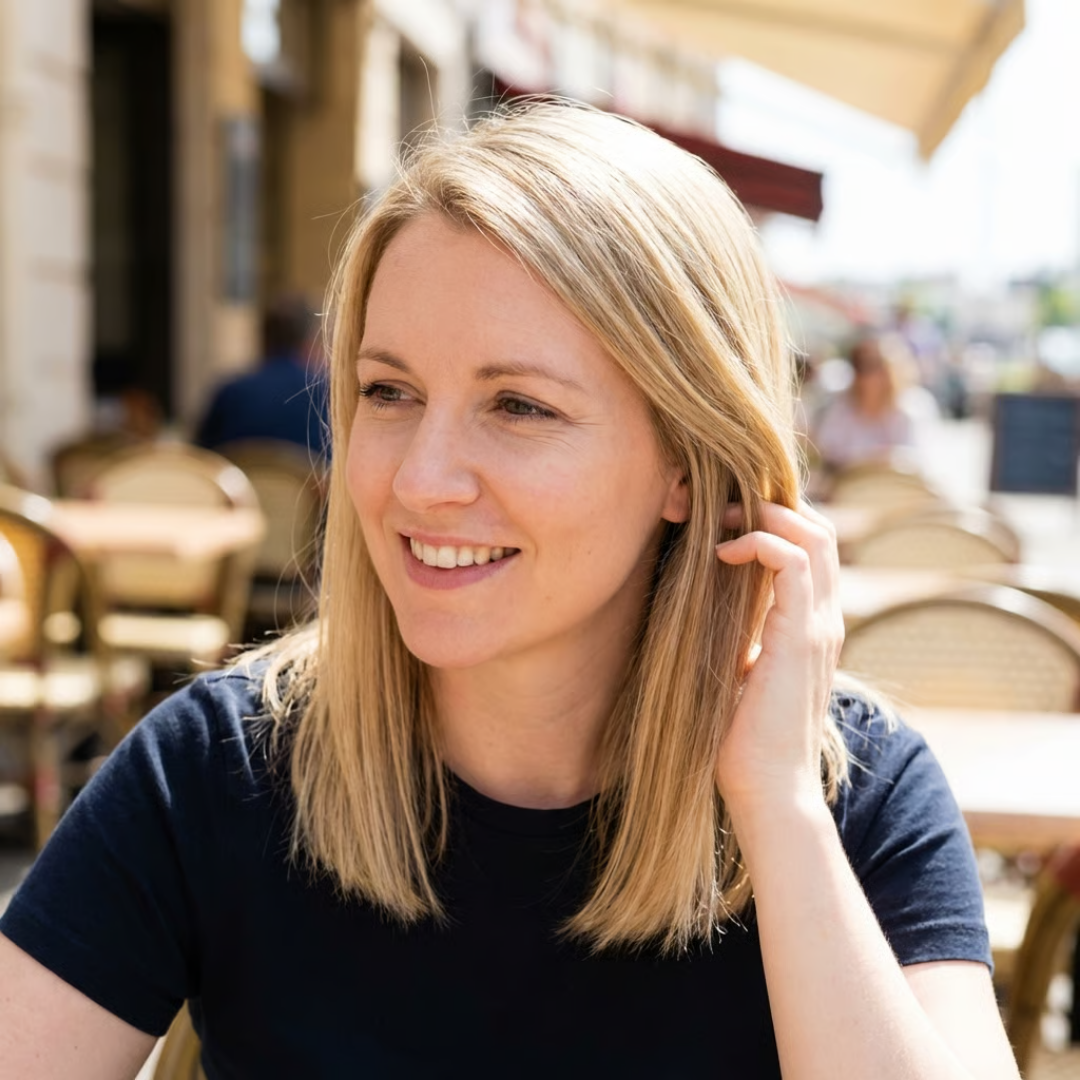 A smiling woman with brown hair sits at a table in a cafe with a coffee cup.