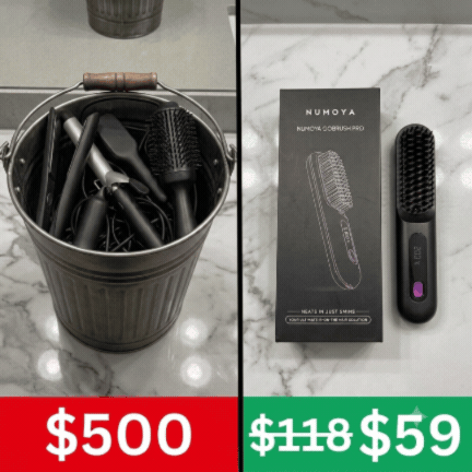 A comparison image showing a bucket of hair tools for $500 versus a single heated brush for $59.