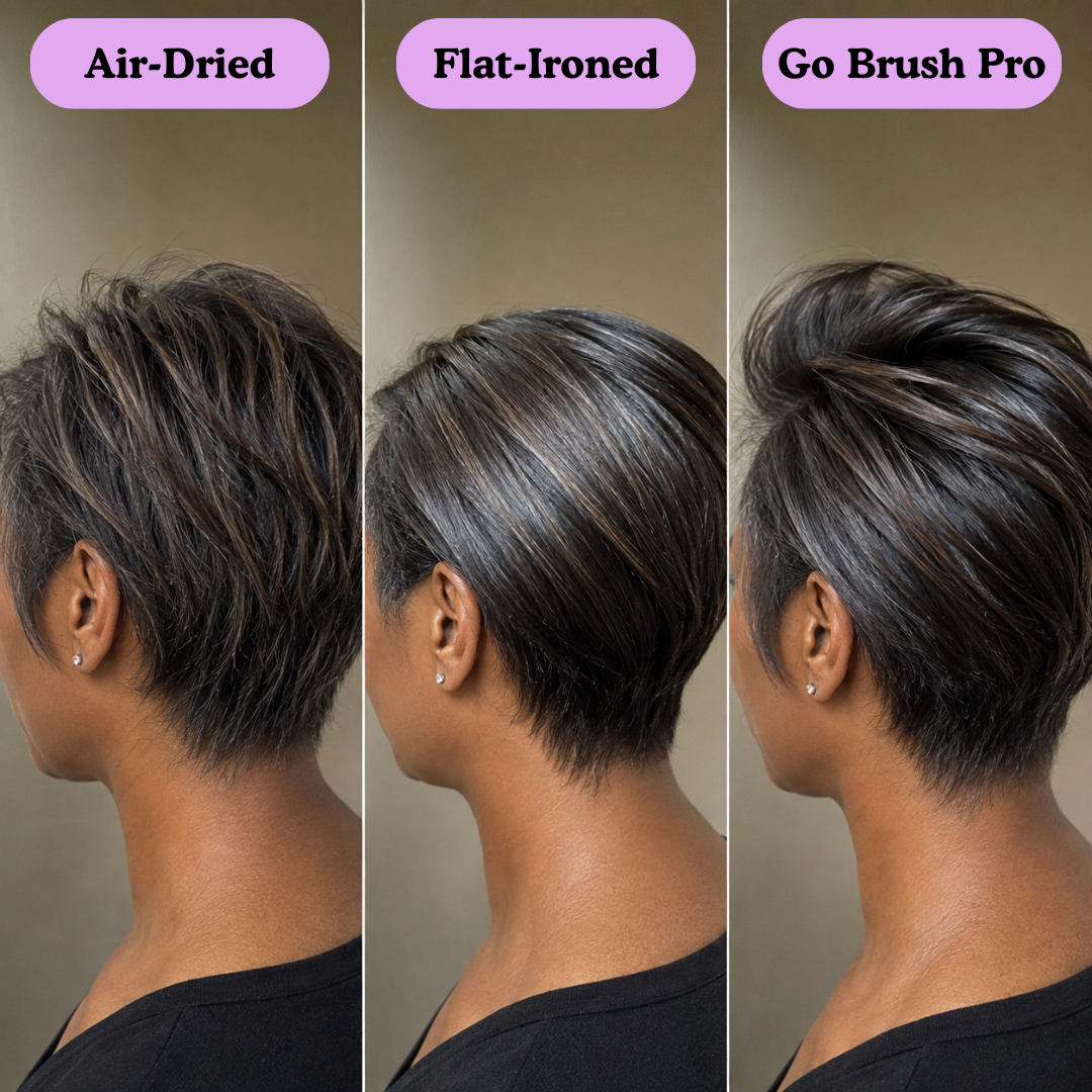 A three-panel comparison of a woman's short hair styled three ways: air-dried, flat-ironed, and with Go Brush Pro.