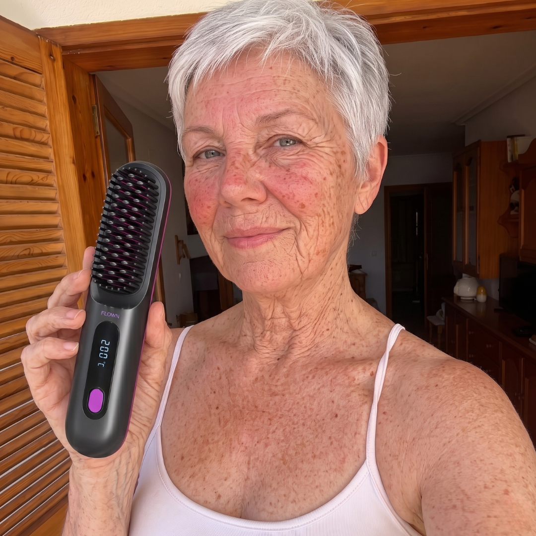 An older woman with short, grey hair holds up a black heated hairbrush, smiling at the camera.