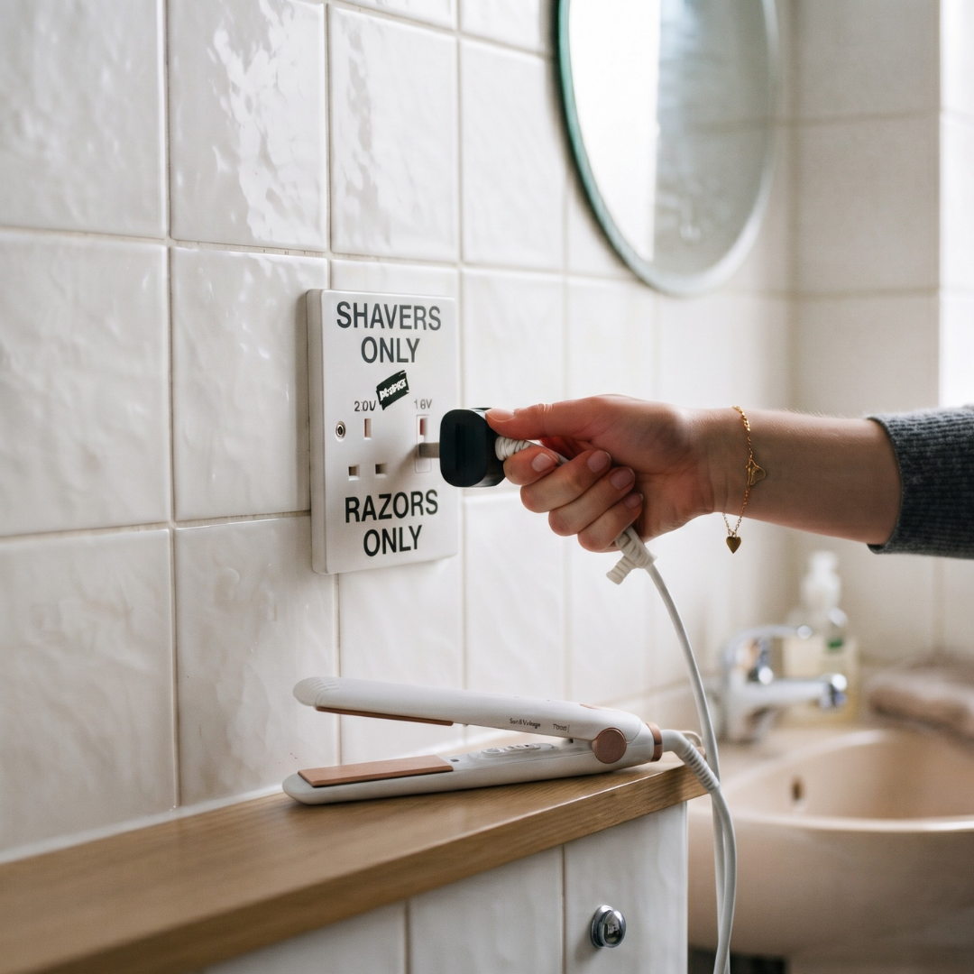 A hand plugging a hair straightener into a bathroom wall socket labeled 'Shavers Only' and 'Razors Only'.