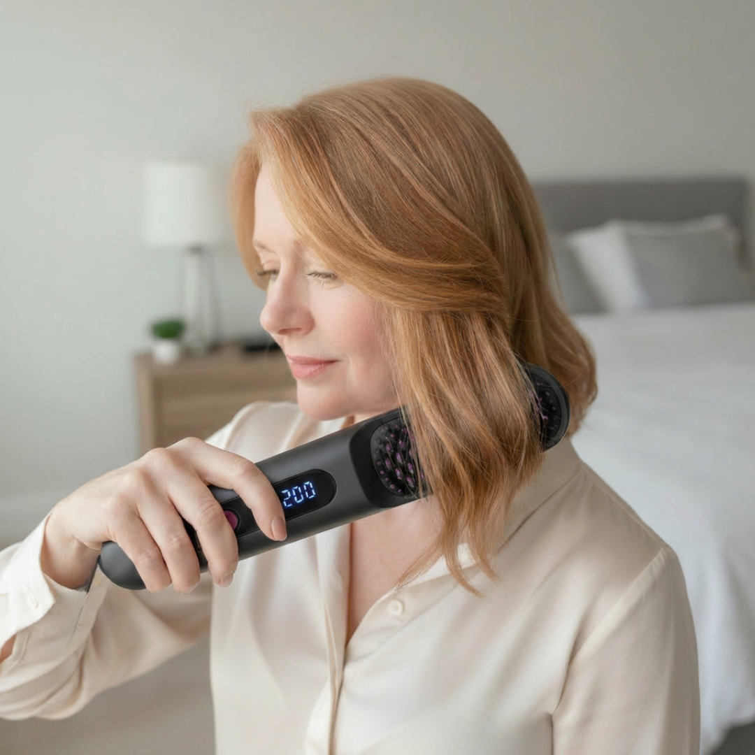 A woman with shoulder-length, reddish-blonde hair uses a black heated styling brush in a bedroom.