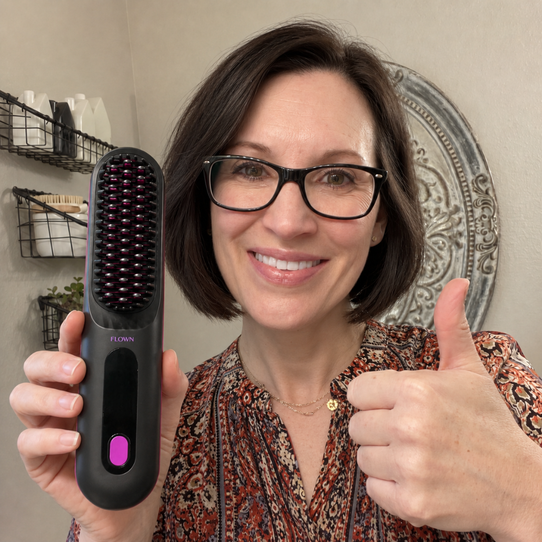 A smiling woman with glasses holds a heated hairbrush and gives a thumbs-up gesture in a bathroom.