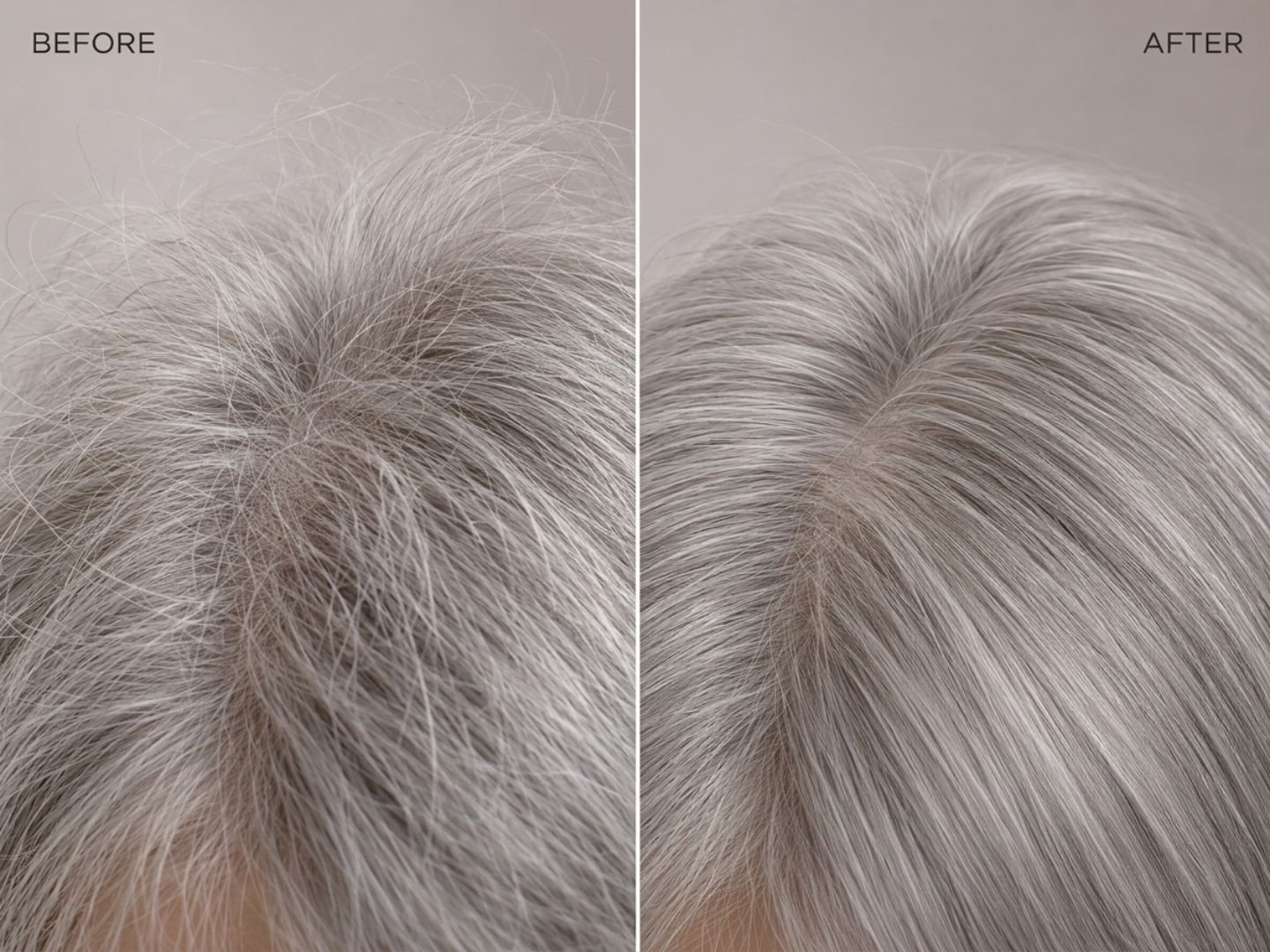 A before and after close-up of gray hair, changing from frizzy and messy to smooth and sleek.