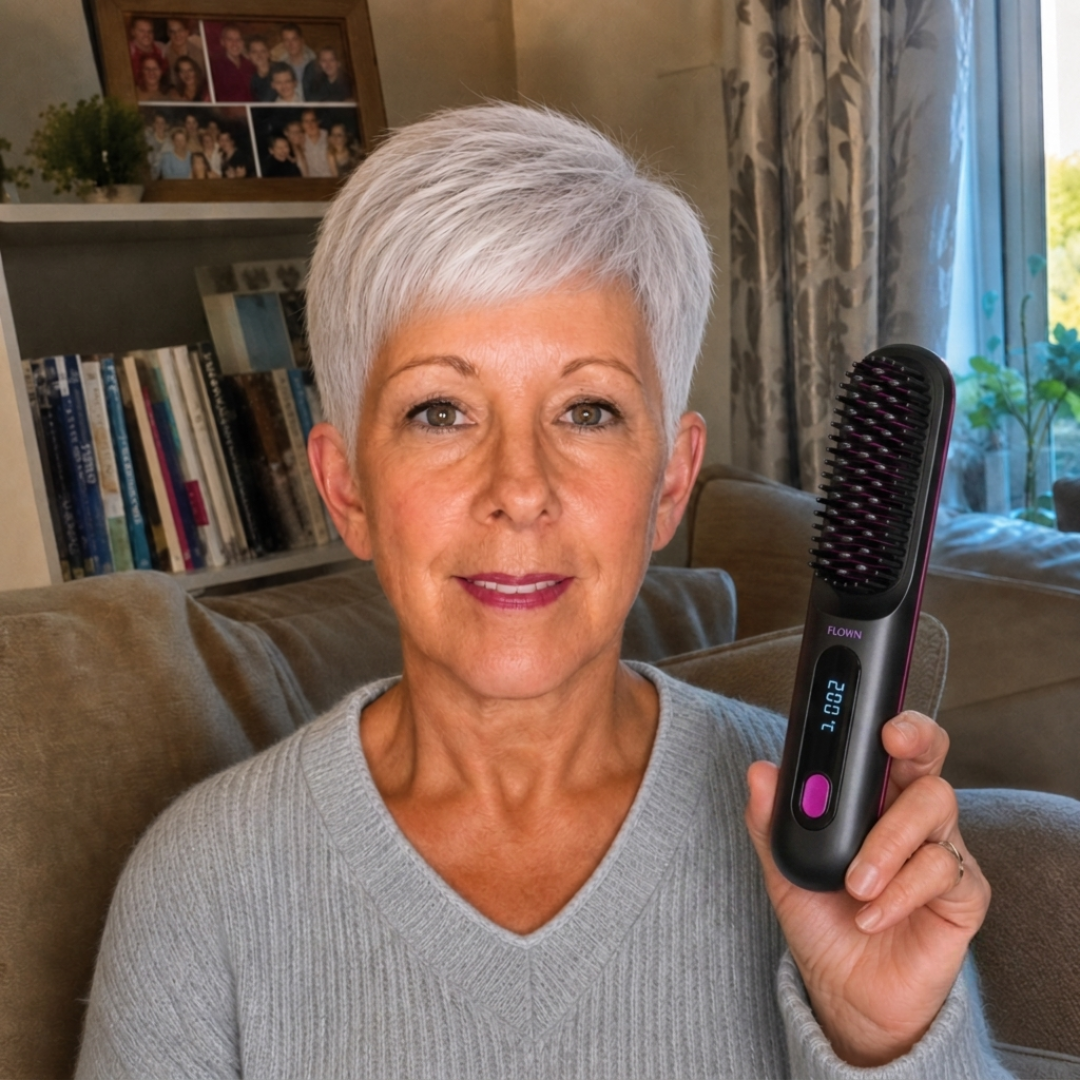 A woman with short grey hair sits on a couch and holds up a black heated hairbrush.