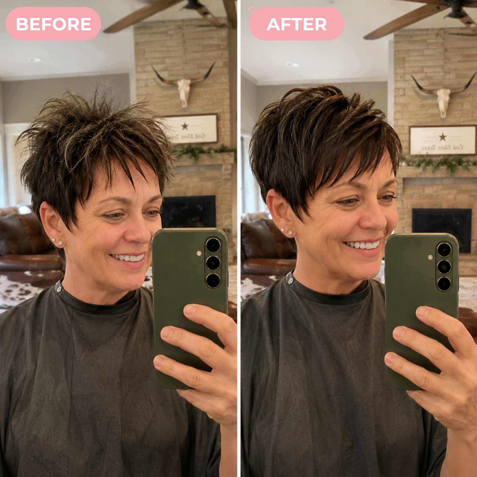 A before-and-after split photo of a woman, showing her hair transformation from frizzy to smooth and styled.