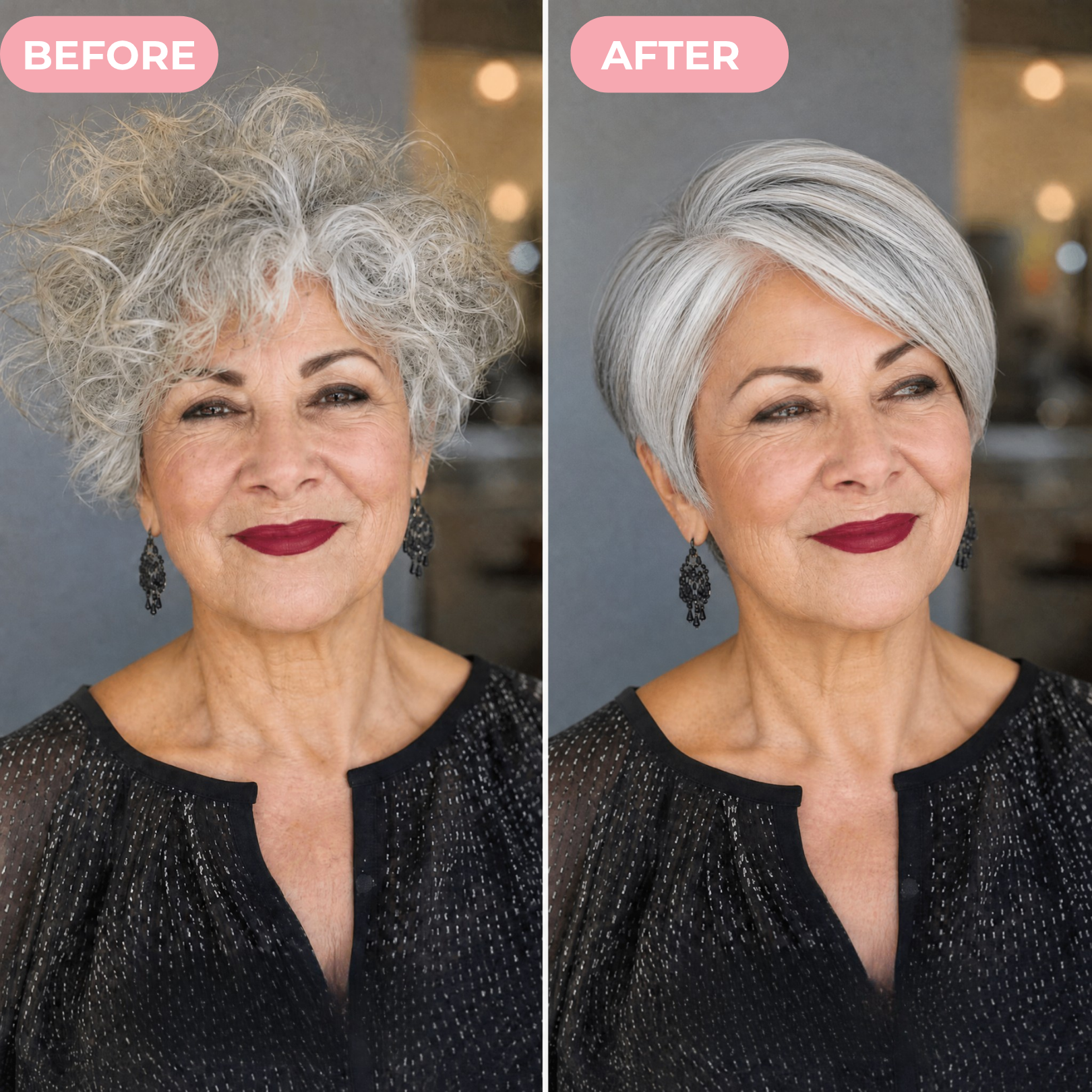 A side-by-side comparison of a woman's hair before and after styling, showing it go from frizzy to smooth.