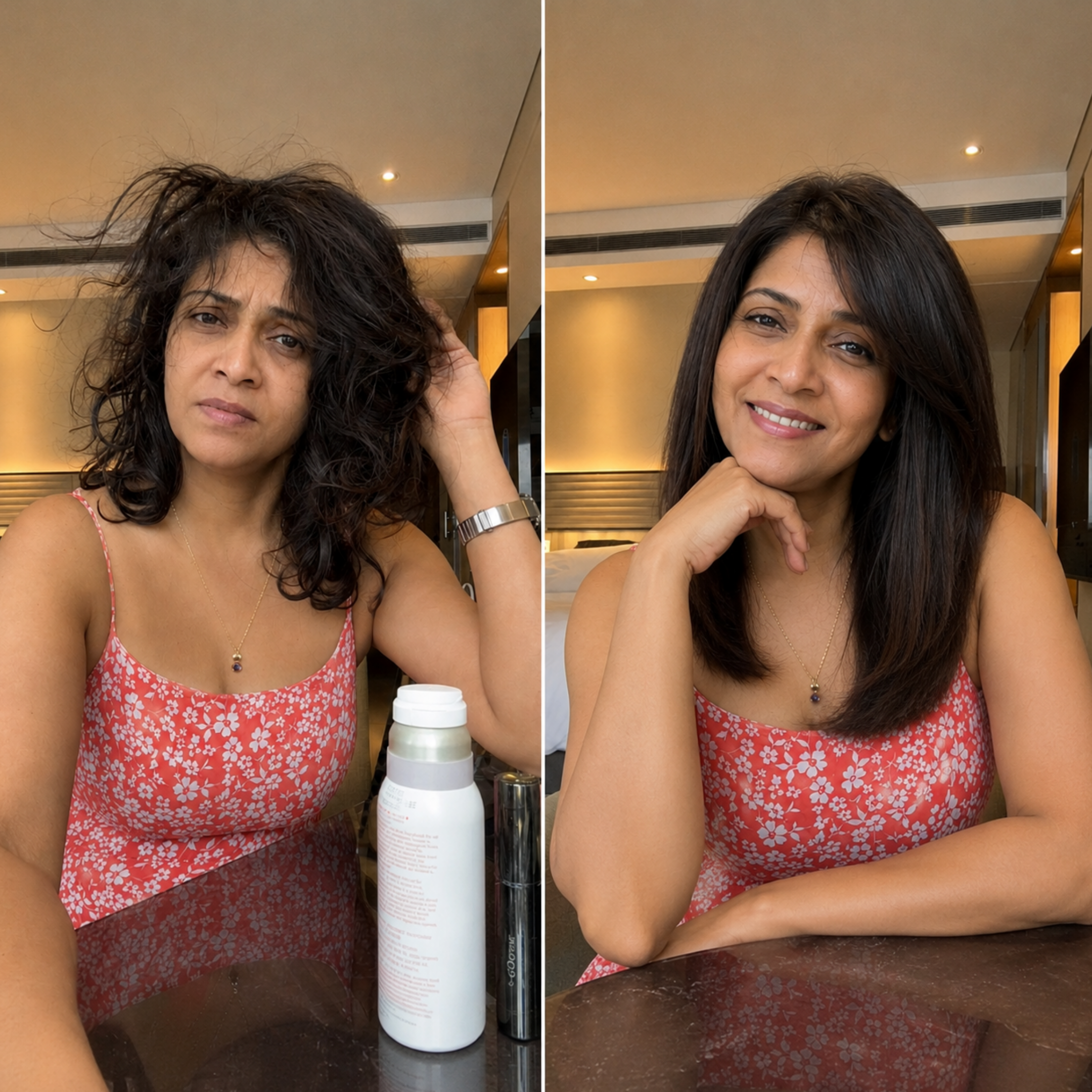A before-and-after split image of a woman, first with messy hair and then with smooth, styled hair.