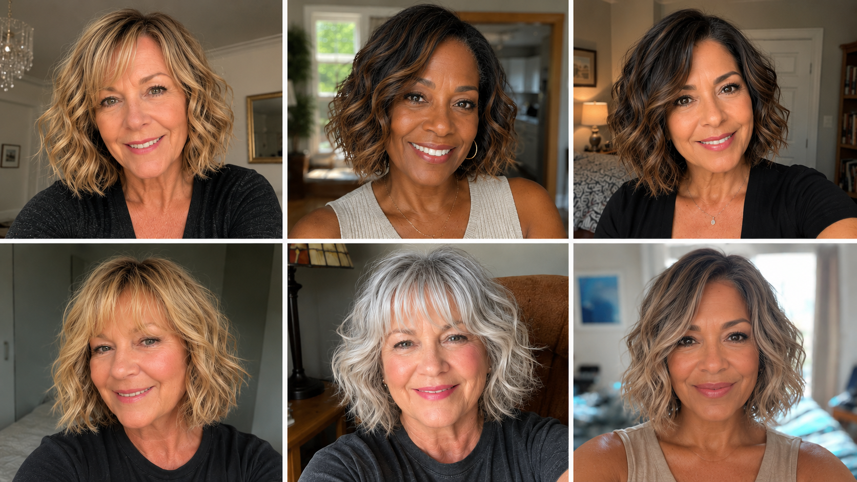 Gruppo di donne over 45 sorridenti con capelli ricci perfetti
