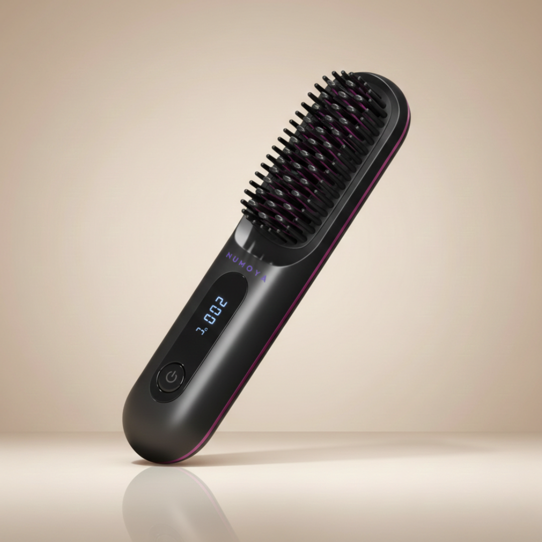 A black and magenta electric hair straightening brush with a digital temperature display.