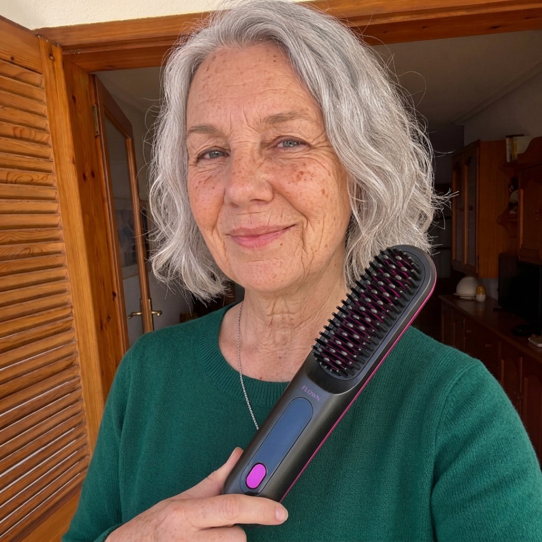 A smiling older woman with grey hair and a green sweater holds a black and pink electric hairbrush.