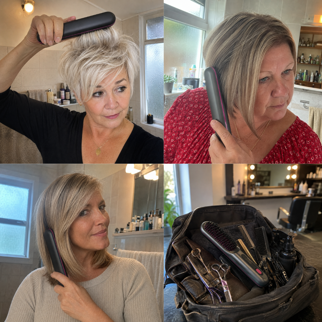 A four-panel collage showing three women styling their hair with a straightening brush and the brush in a kit.
