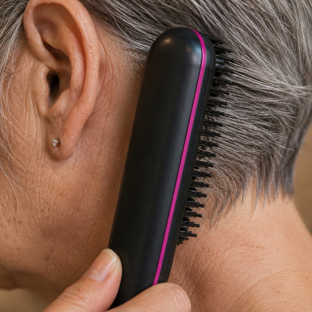 A close-up of a person with gray hair using a black and pink straightening brush near their ear.