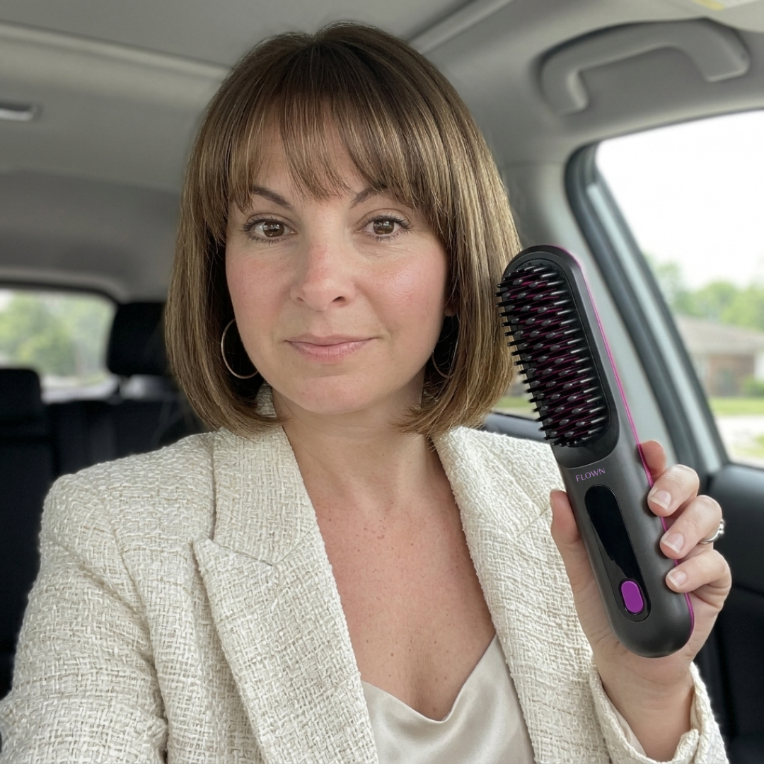 A woman with a brown bob sits inside a car holding a black and purple heated styling brush.