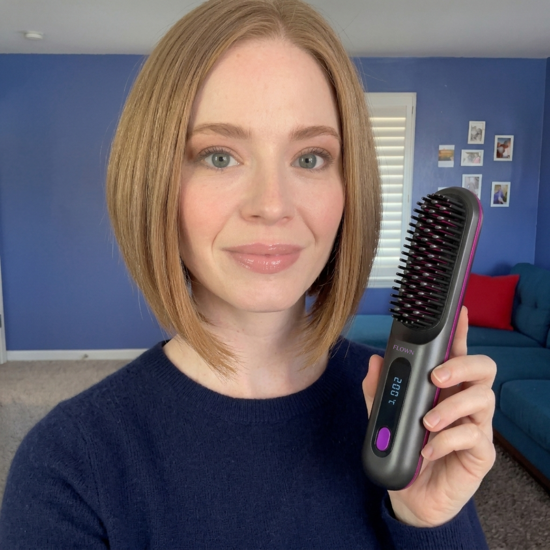 A woman with a short blonde bob holds up a heated hair straightening brush.