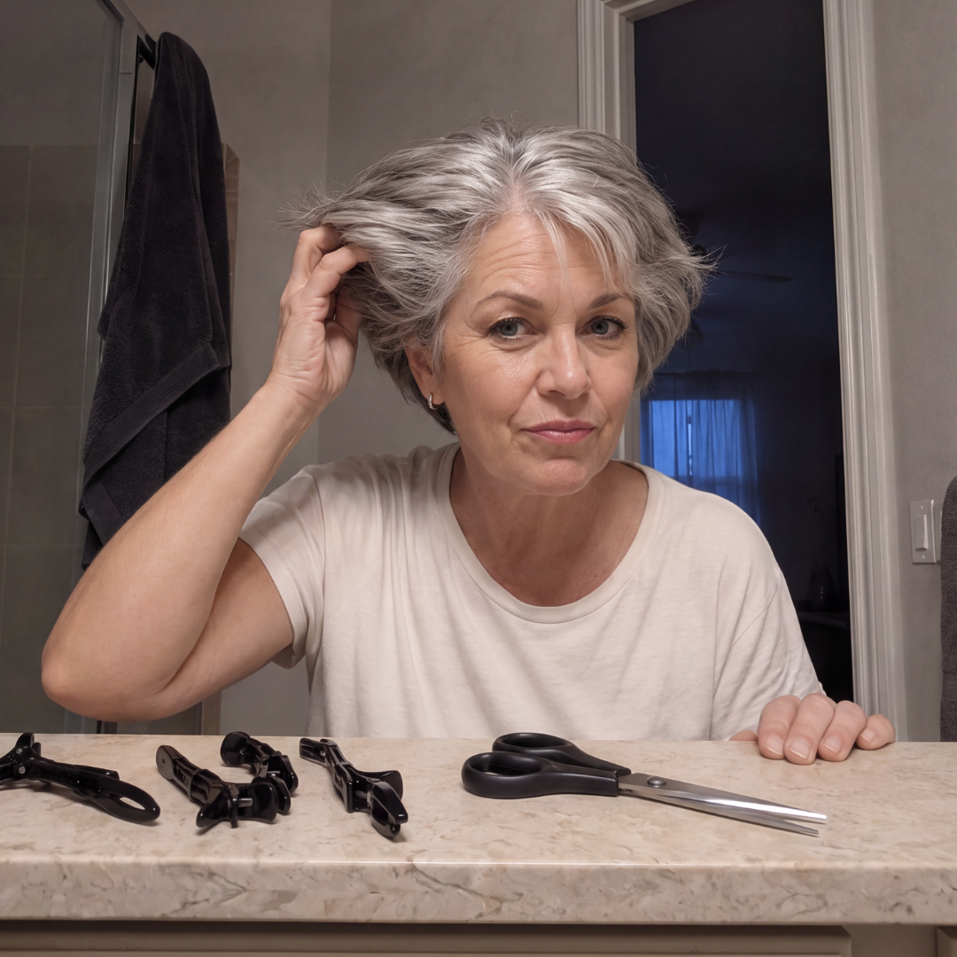 A woman with short gray hair looks in a mirror with scissors and hair clips on the counter.